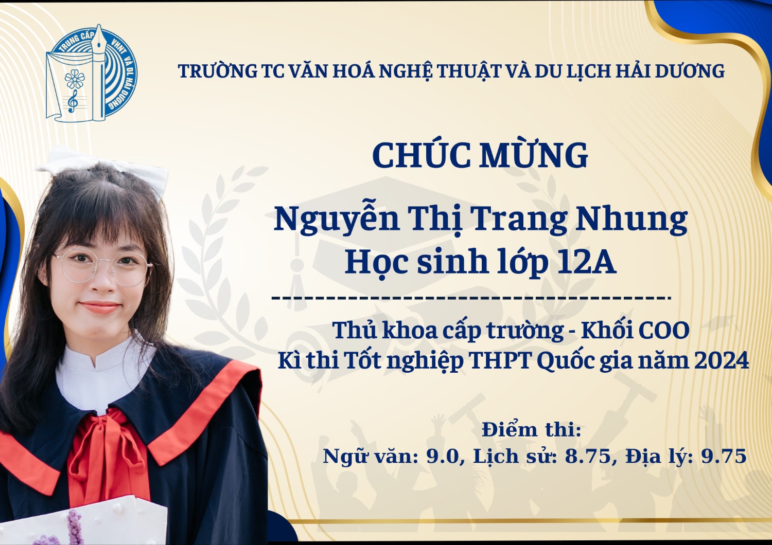 Thủ khoa khối C00 cấp trường đạt 27,5 điểm